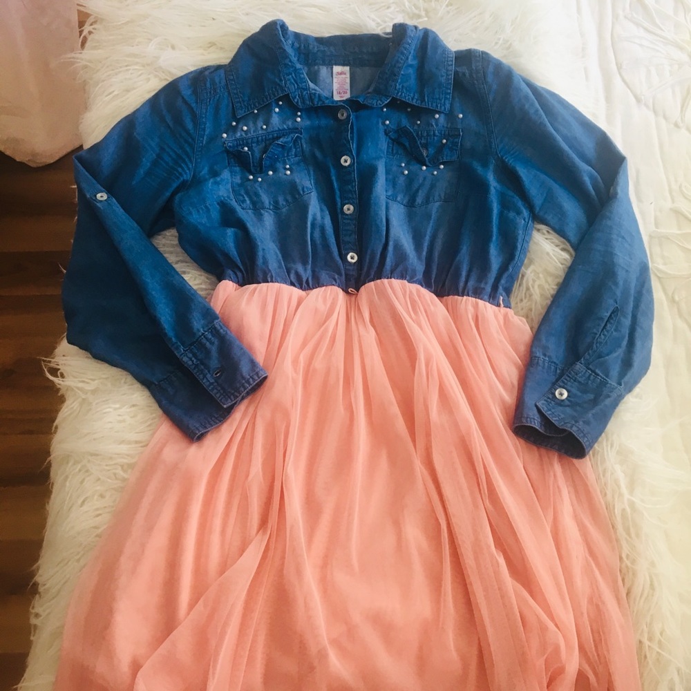 Justice Pearl Denim Tulle Blue Pink Dress